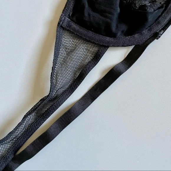 Black Strappy Bra Floral Lace Mesh Sides 34C Underwire No Tag Lingerie - Picture 8 of 12